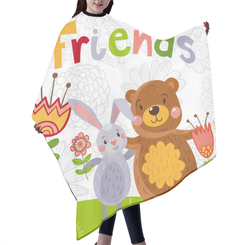 Personality  Cute Bear And Rabbit Enjoying Friendship Day. Cartoon Hand Drawn Illustration For Your Design. Hair Cutting Cape