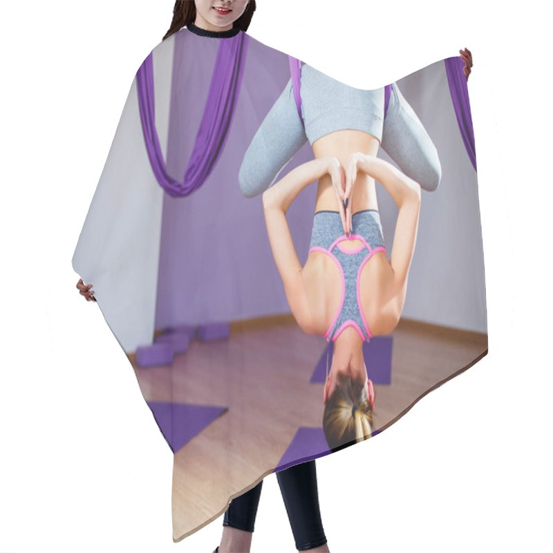 Personality  Back View Of Attractive Young Woman Doing Pose Of Antigravity Yoga In Studio Hair Cutting Cape