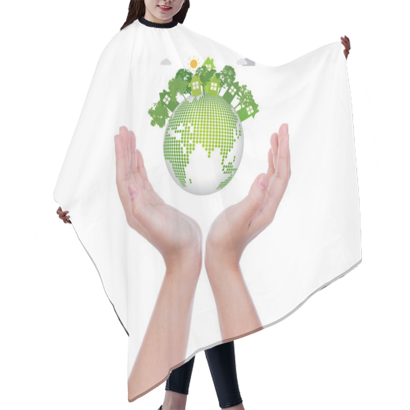 Personality  Woman Hands Hold Eco Friendly Earth On White Background Hair Cutting Cape