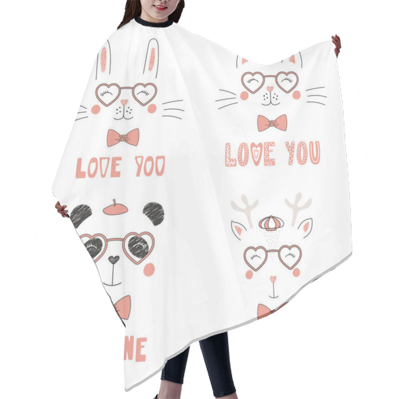 Personality  Valentines Day Card With Set Of Hand Drawn Portraits Of Cute Funny Animals In Heart Shaped Glasses With Romantic Quotes, Vector, Illustration Hair Cutting Cape