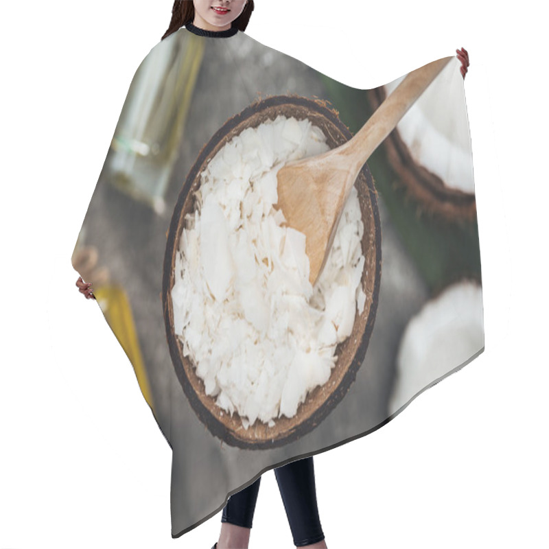 Personality  Top View Of Coconut Shavings With Wooden Spoon In Coconut Shell Hair Cutting Cape