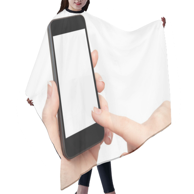 Personality  Woman Hand Holding The Phone With Isolated Screen Hair Cutting Cape