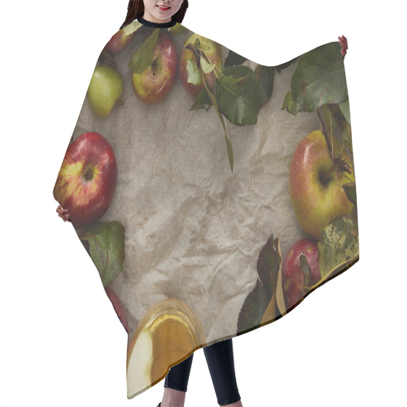 Personality  Top View Of Apples With Leaves And Glass Of Cider On Parchment Paper With Copy Space Hair Cutting Cape