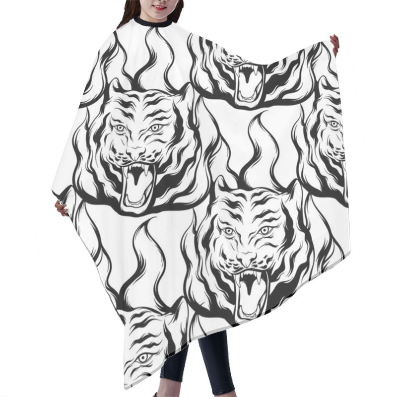 Personality  Vector Pattern With Hand Drawn Illustration Of Roaring Tiger With Fire Isolated. Template For Card, Poster. Banner, Print For T-shirt, Pin, Badge, Patch. Hair Cutting Cape