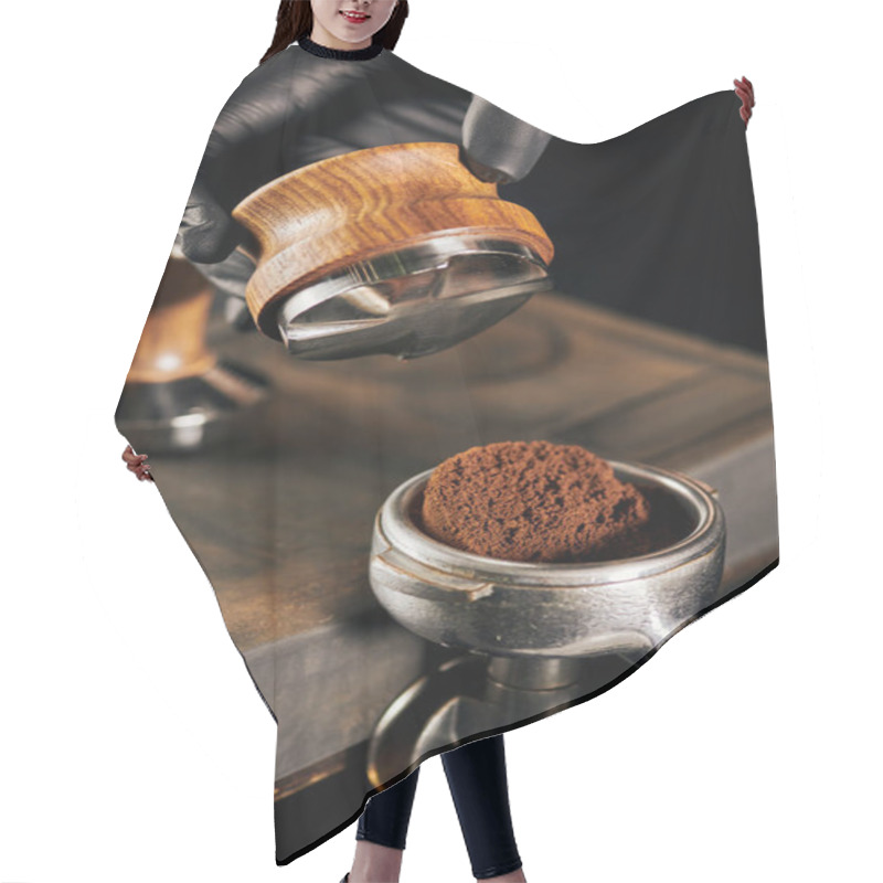 Personality  Partial View Of Barista In Black Latex Glove Holding Tamper Near Portafilter With Ground Coffee Hair Cutting Cape