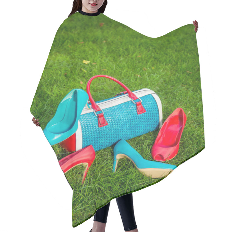 Personality  Two Pairs Of Green And Red Shoes And Bag Lay On The Grass Hair Cutting Cape