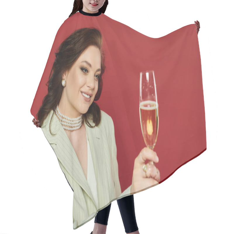 Personality  The Young Woman Raises A Champagne Flute With A Smile, Radiating Elegance And Joy. Hair Cutting Cape