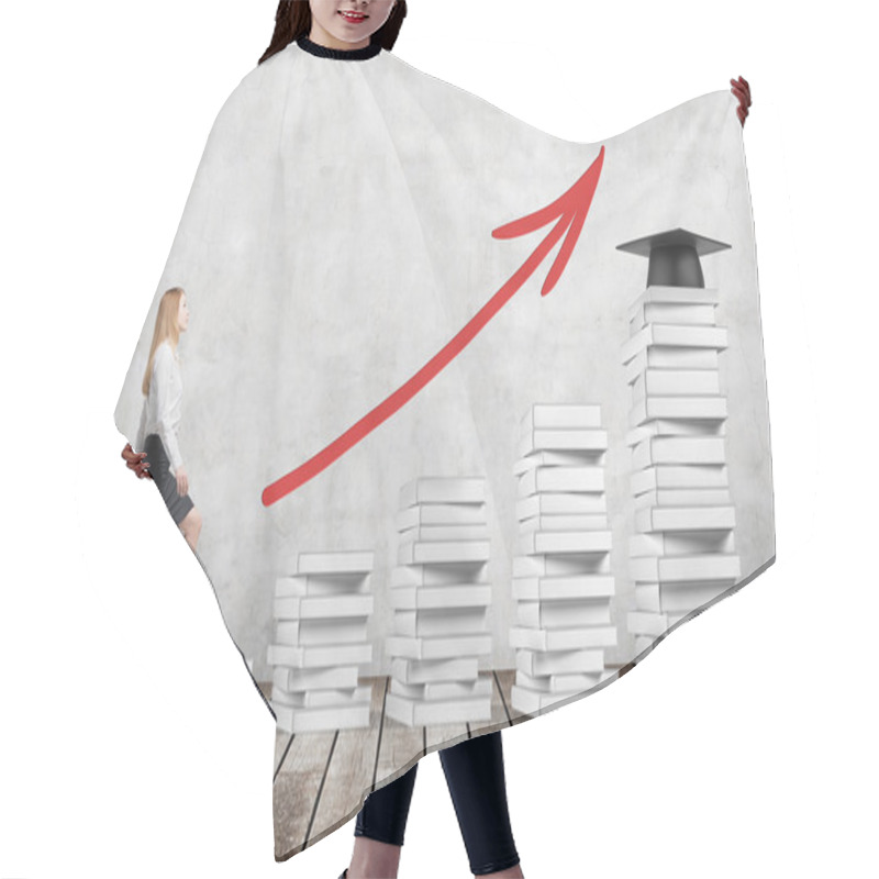 Personality  A Woman In Formal Clothes Is Going Up Using A Stairs Which Are Made Of White Books. A Graduation Hat On The Top The Path. A Red Arrow Is Drawn On The Concrete Wall. Wooden Floor. Hair Cutting Cape