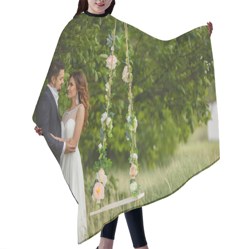 Personality  Beautiful Bride With Fiance Is Swinging On A Swing Hair Cutting Cape