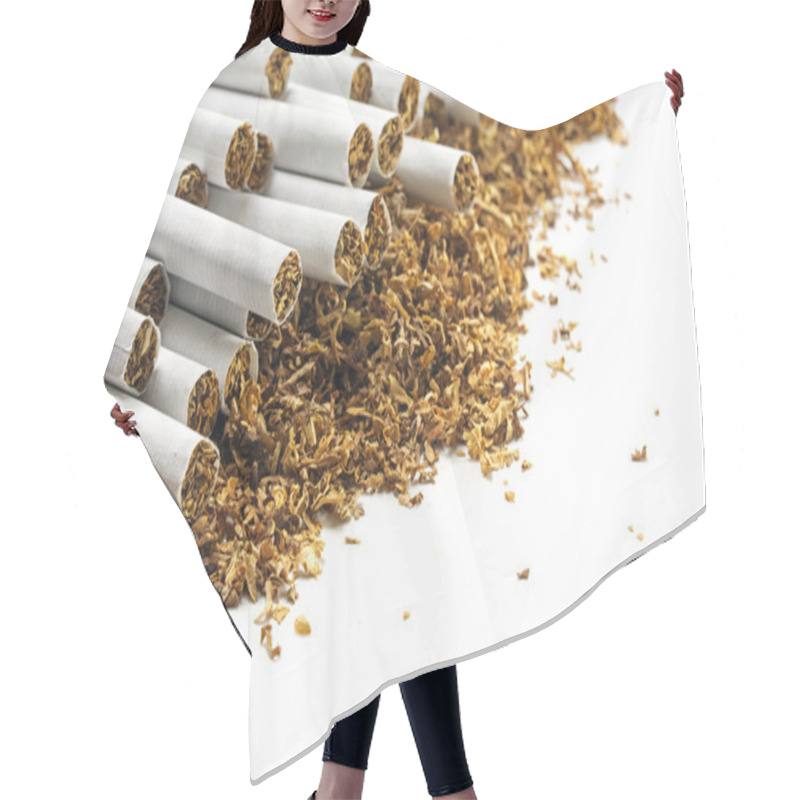 Personality  Cigarettes  On A Heap Of Loose Tobacco, Corner Background On Whi Hair Cutting Cape