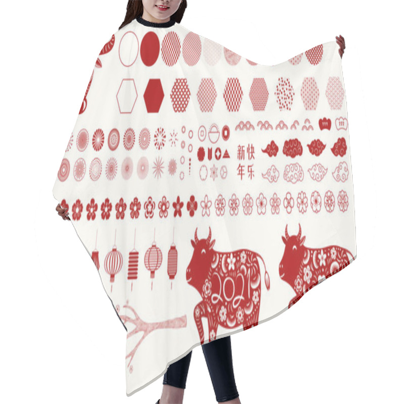 Personality  2021 Chinese New Year Collection, Ox, Fireworks, Abstract Elements, Flowers, Clouds, Lanterns, Paper Cut,  Red On White Background. Flat Style Design. Holiday Card Hair Cutting Cape