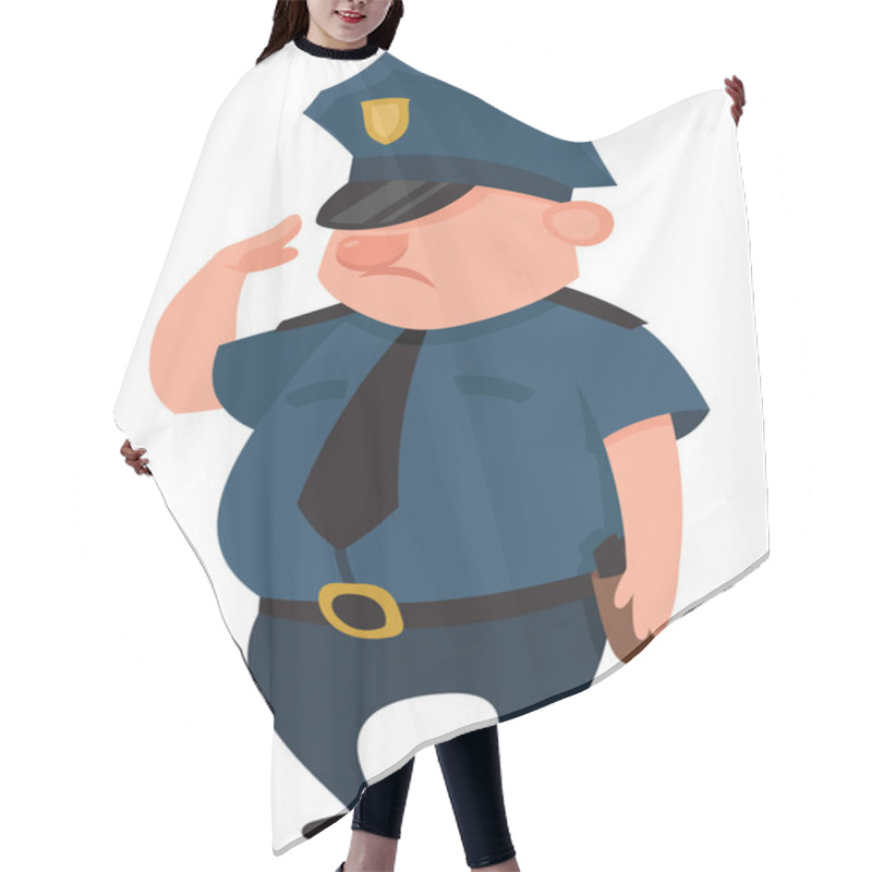 Personality  Police Officer Giving Salute. Male Character In Cartoon Style. Hair Cutting Cape