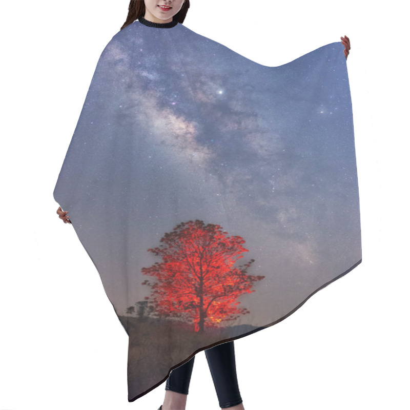 Personality  Milky Way Galaxy With Stars And Space Dust In The Universe Over Red Tree, Long Speed Exposure. Hair Cutting Cape