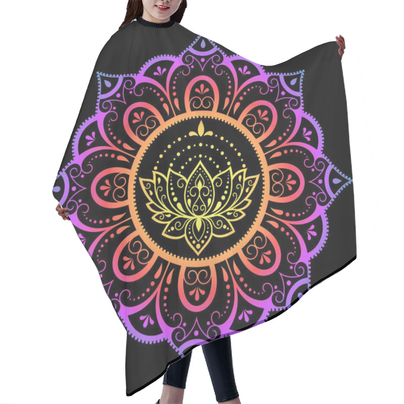 Personality  Circular Pattern In Form Of Mandala With Lotus Flower For Henna, Mehndi, Tattoo, Decoration. Decorative Ornament In Ethnic Oriental Style. Rainbow Pattern On Black Background. Hair Cutting Cape