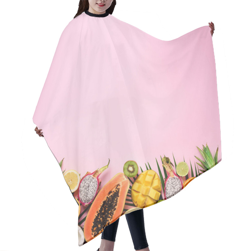 Personality  Exotic Fruits And Tropical Palm Leaves On Pastel Pink Background - Papaya, Mango, Pineapple, Banana, Carambola, Dragon Fruit, Kiwi, Lemon, Orange, Melon, Coconut, Lime. Top View. Hair Cutting Cape