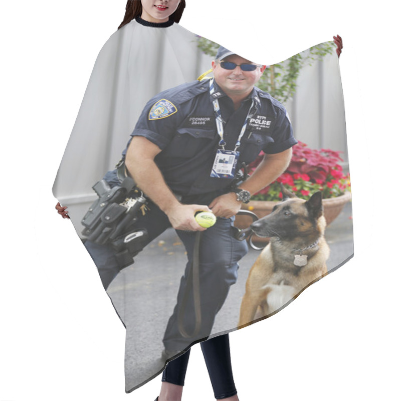 Personality  NYPD Transit Bureau K-9 Police Officers And Belgian Shepherd K-9 Wyatt  Providing Security At National Tennis Center During US Open 2014 Hair Cutting Cape