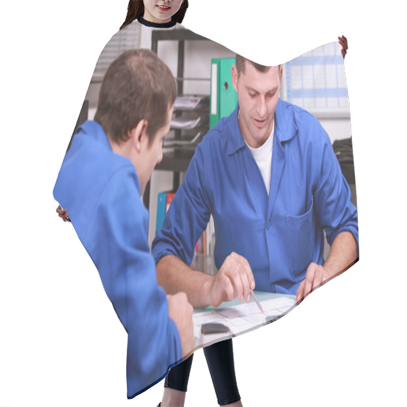 Personality  Skilled Tradesmen Examining A Blueprint Hair Cutting Cape