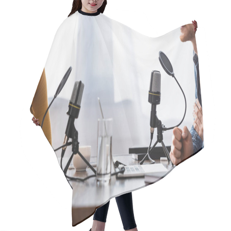 Personality  Partial View Of Young Woman And Interviewer Near Microphones In Radio Studio Hair Cutting Cape