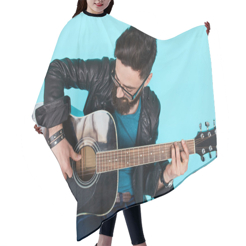 Personality  Close Bearded Hipster Man Playing On Acoustic Guitar. Hair Cutting Cape