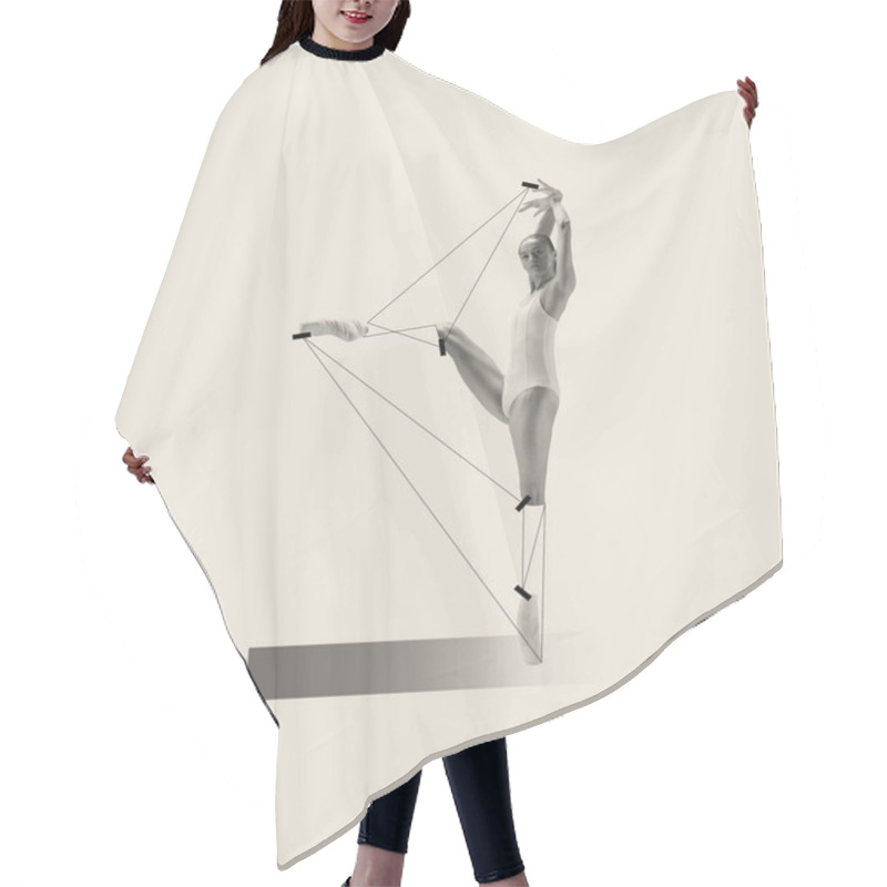 Personality  Contemporary Art Collage With Professional Ballerina Dancing Isolated Over Grey Background. Line Art Design. Tenderness. Concept Of Classic Dance Style, Art, Show, Beauty, Inspiration Hair Cutting Cape