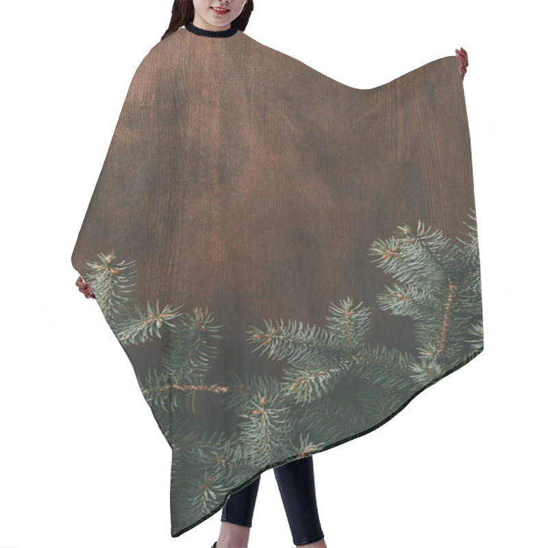 Personality  Green Fir Branches On Brown Wooden Background Hair Cutting Cape