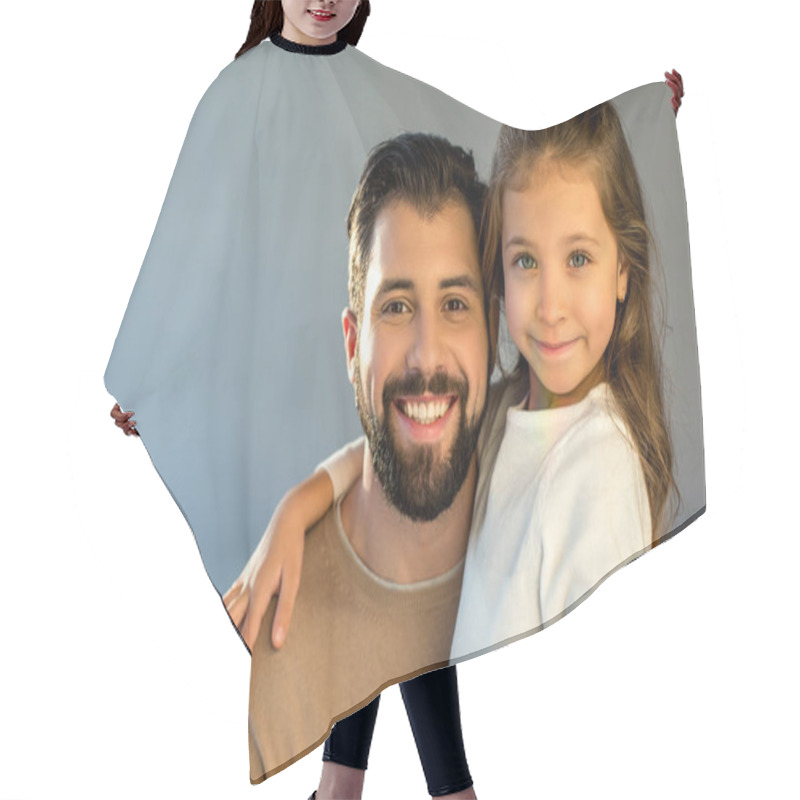 Personality  Portrait Of Happy Father And Daughter Looking At Camera Hair Cutting Cape