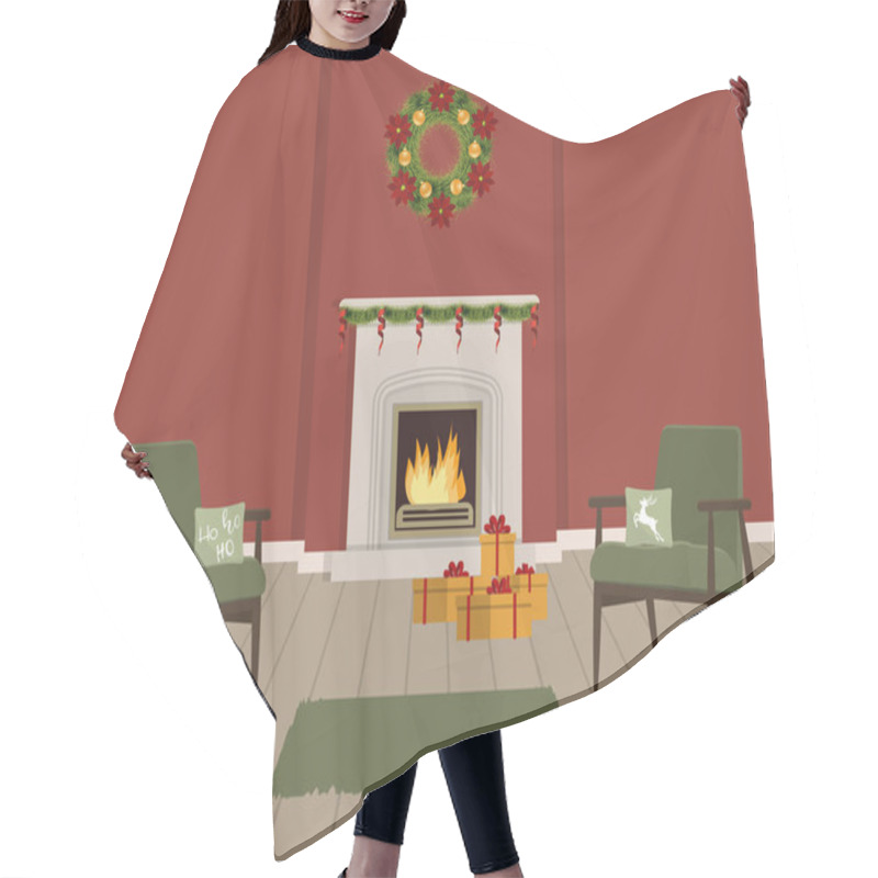 Personality  Red Living Room With Fireplace, Decorated With Christmas Decorations. The Room Also Has Green Armchairs With Pillows, A Christmas Wreath And Gift Boxes. Vector Illustration. Hair Cutting Cape