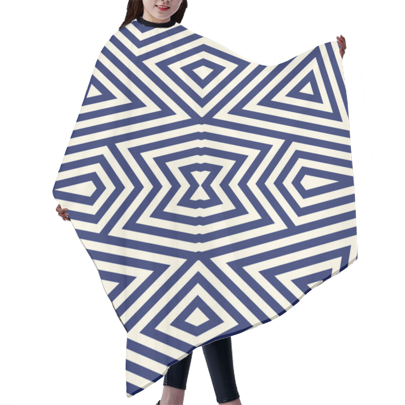 Personality  Seamless Pattern With Symmetric Geometric Ornament. Striped Navy Blue Abstract Background. Repeated Triangles Wallpaper. Hair Cutting Cape