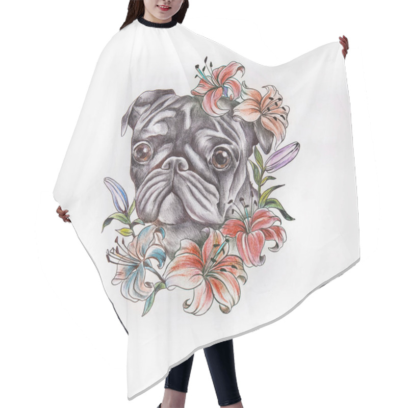 Personality  Sketch Of Pug In Flowers On A White Background Hair Cutting Cape