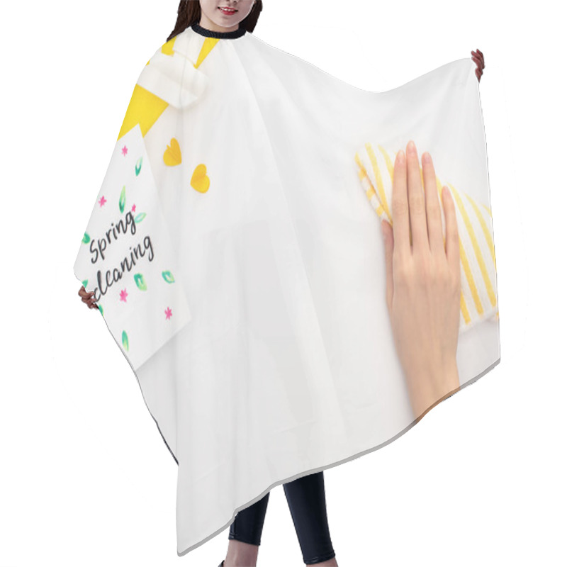 Personality  Cropped View Of Woman Holding Rag Near Spring Tulips, Yellow Cleaning Supplies, Spring Cleaning Card On White Background Hair Cutting Cape