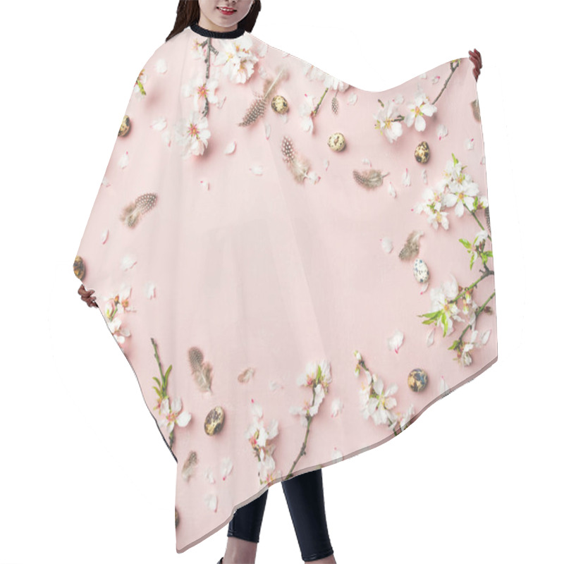 Personality  Easter Holiday Background. Tender Spring Almond Blossom Flowers On Branches, Feathers, Quail Eggs Over Light Pink Background Hair Cutting Cape