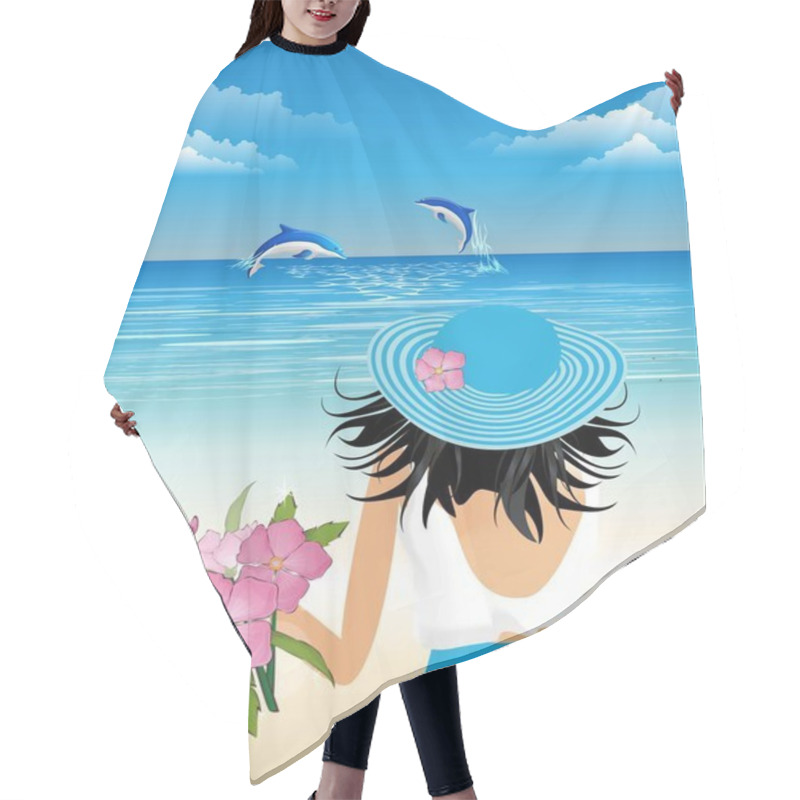 Personality   Romantic Composition Showing A Woman In A Blue Hat Watching Dolphins Hair Cutting Cape