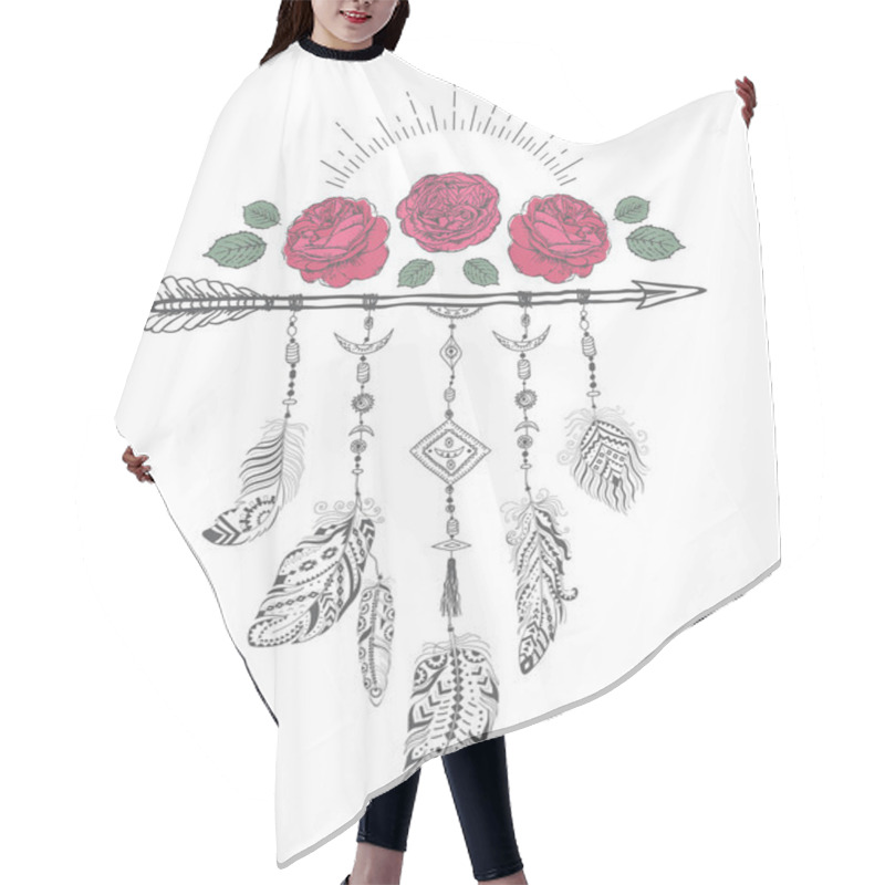 Personality  Hand Drawn Boho Style Design With Rose Flower, Arrow And Feathers. Hair Cutting Cape