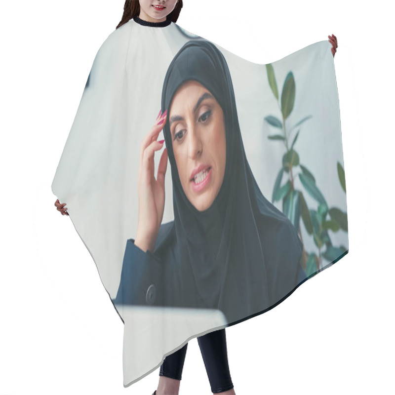 Personality  Confused Muslim Woman In Hijab Looking At Blurred Laptop Hair Cutting Cape