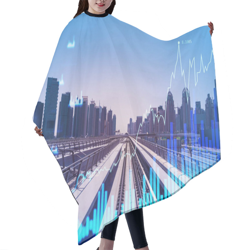 Personality  The Way Towards Skyscrapers By Modern Futuristic Train. Tech Railway Delivers Commuters To The Financial Downtown Of Dubai. International Business Hub. Traffic Concept. FOREX Graph. Double Exposure Hair Cutting Cape