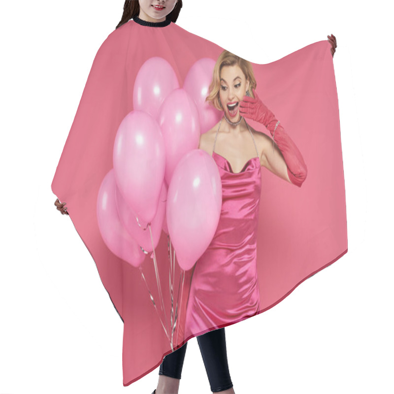 Personality  A Woman In A Pink Satin Dress Holds A Bunch Of Balloons Against A Pink Background. Hair Cutting Cape