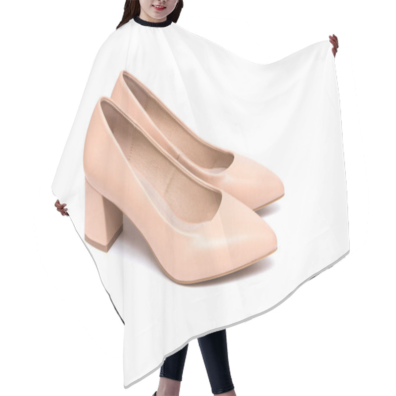 Personality  Beige Fashionable Shoes With Low Thick Heels Isolated On White Background. Hair Cutting Cape