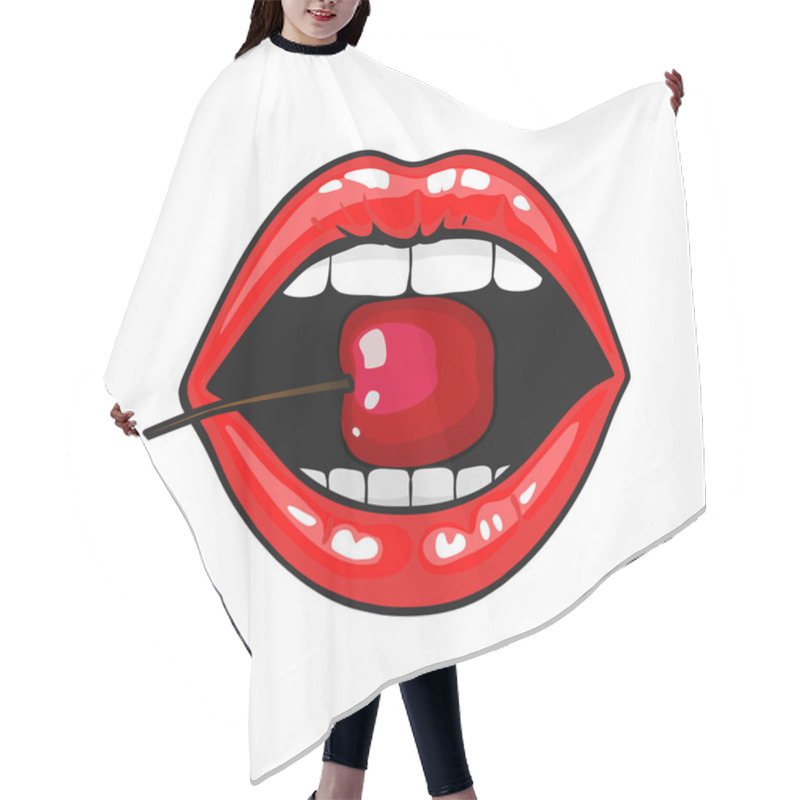 Personality  Woman Red Lips With Cherry On Pop Art Style. Vector Illustration. Isolated On White Hair Cutting Cape