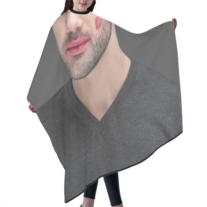 Personality  Cropped View Of Man With Kiss Print On Cheek, Isolated On Grey Hair Cutting Cape