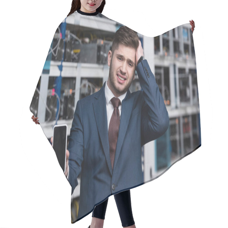 Personality  Failed Young Businessman Showing Smartphone At Cryptocurrency Mining Farm Hair Cutting Cape