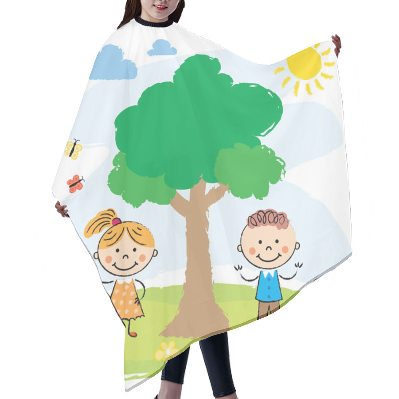 Personality  Boy And Girl Near Big Tree Hair Cutting Cape