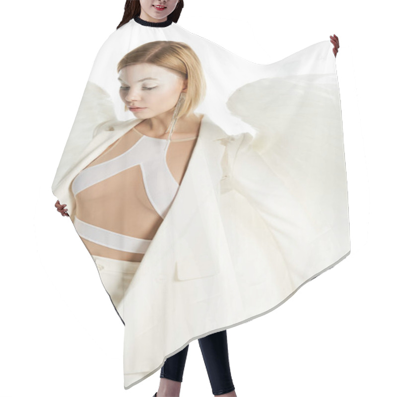 Personality  Charming Woman With Angelic Face And Wings Standing On White Backdrop, Ethereal Beauty Hair Cutting Cape