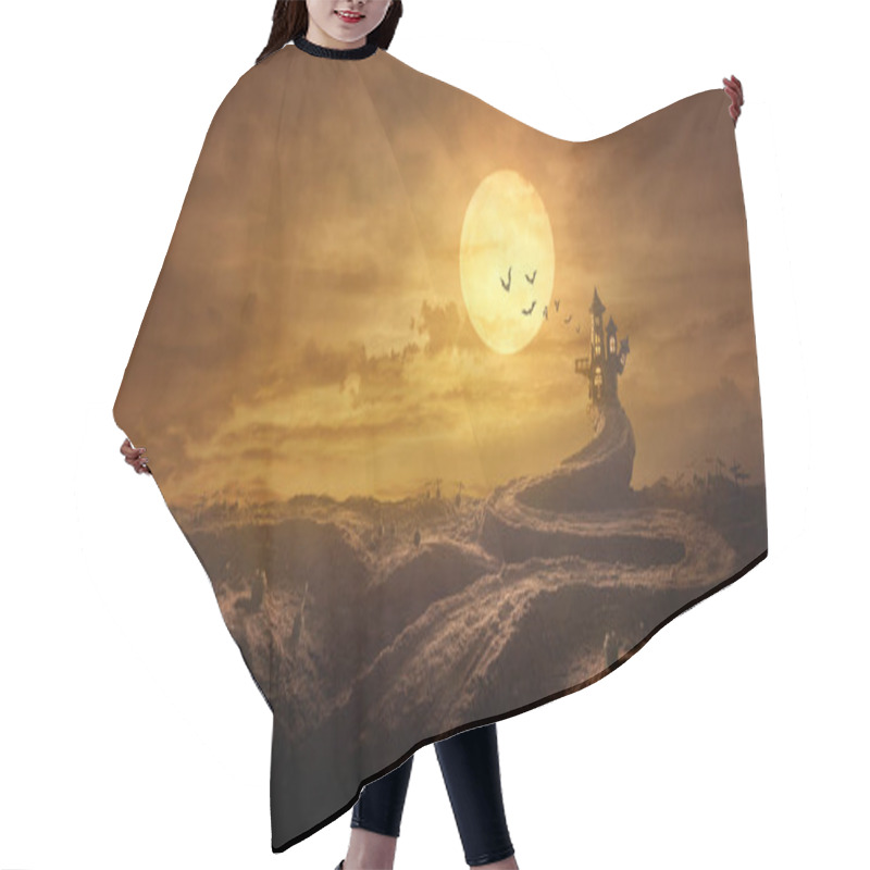 Personality  Halloween Background Through Stretched Road Grave To Castle Spooky In Night Of Full Moon And Bats Flying. Hair Cutting Cape