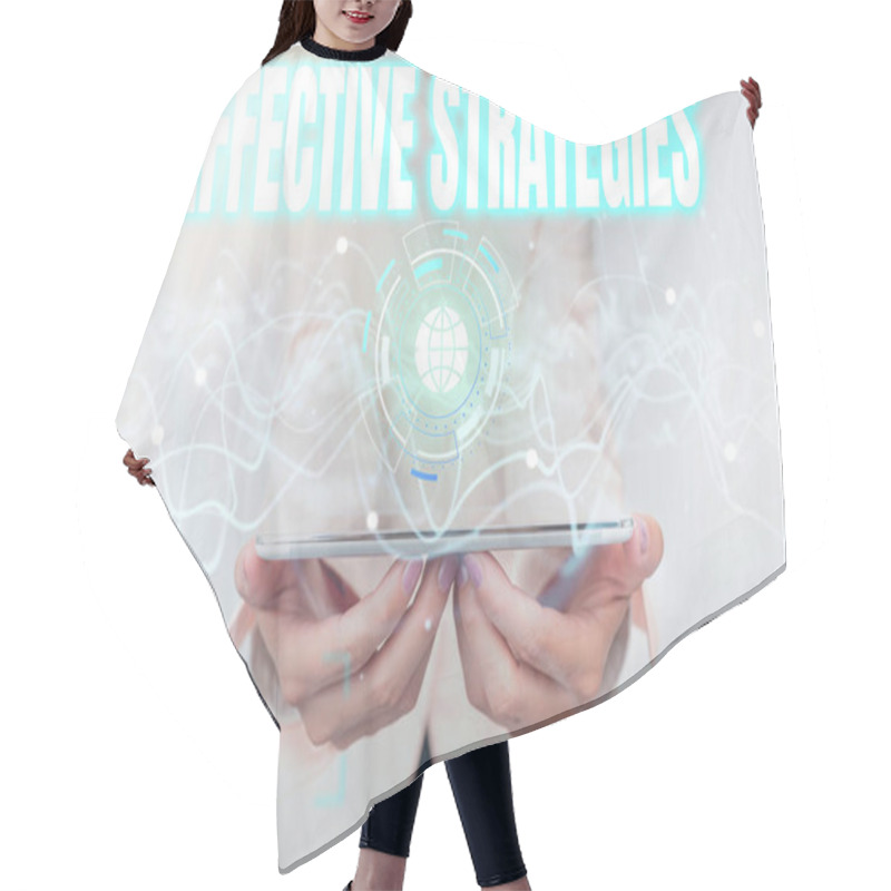 Personality  Sign Displaying Effective Strategies. Word For Sound Tactical Scheme Powerful Operational Decisions Lady In Uniform Using Futuristic Mobile Holographic Display Screen. Hair Cutting Cape