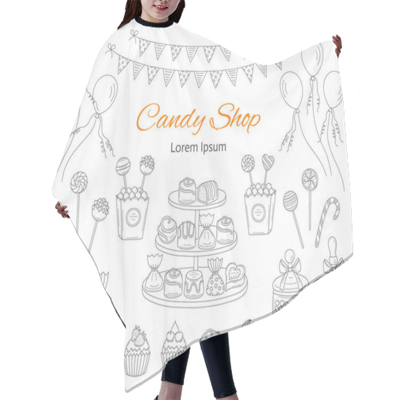 Personality  Vector Illustration Of Candy Shop, Hand Drawn Doodle Style. Hair Cutting Cape