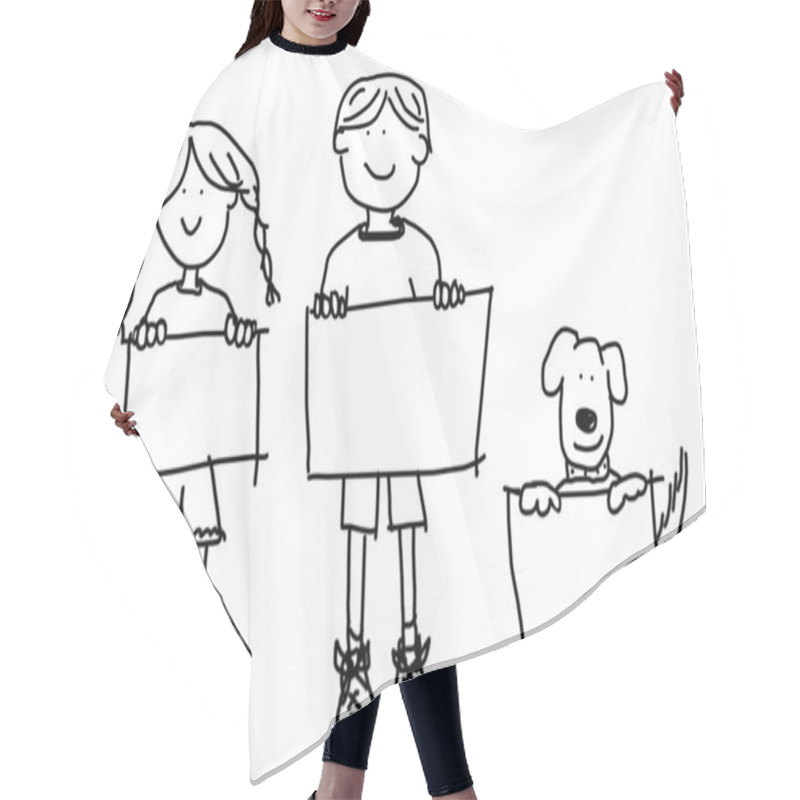 Personality  Kids And Dog Holding Empty Signs Illustration Hair Cutting Cape