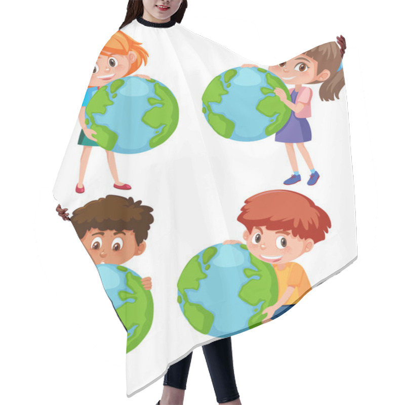 Personality  Boys And Girls Holding Earth On White Background Illustration Hair Cutting Cape