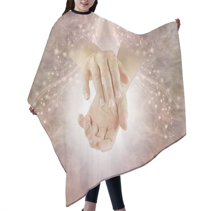 Personality  Shamanic Energy Healer Sending Healing -  Female Healer With Cupped Hands Against A Gently Sparkling Natural Pink Brown Ethereal Background Hair Cutting Cape