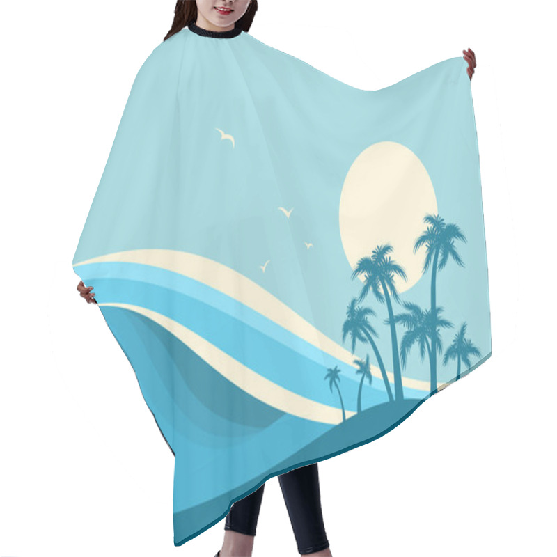 Personality  Big Ocean Waves And Tropical Island.Vector Blue Background Hair Cutting Cape