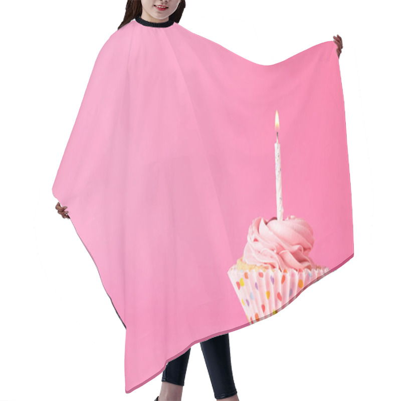 Personality  Cupcake With Candle On Pink Background, Space For Text Hair Cutting Cape